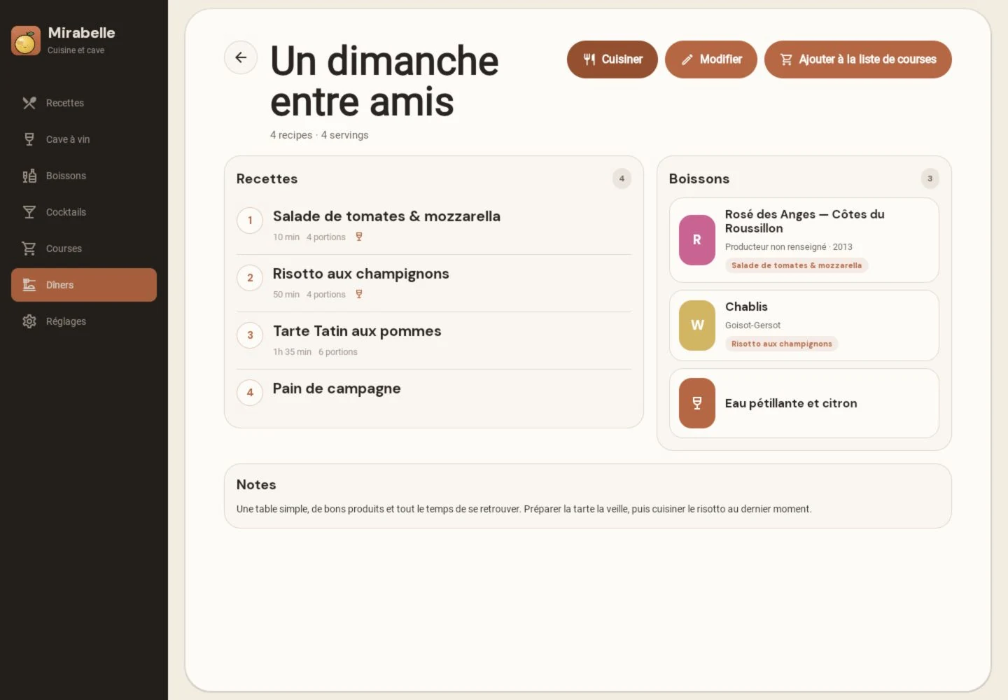 Un exemple de menu dans Mirabelle, avec les recettes et les vins choisis.