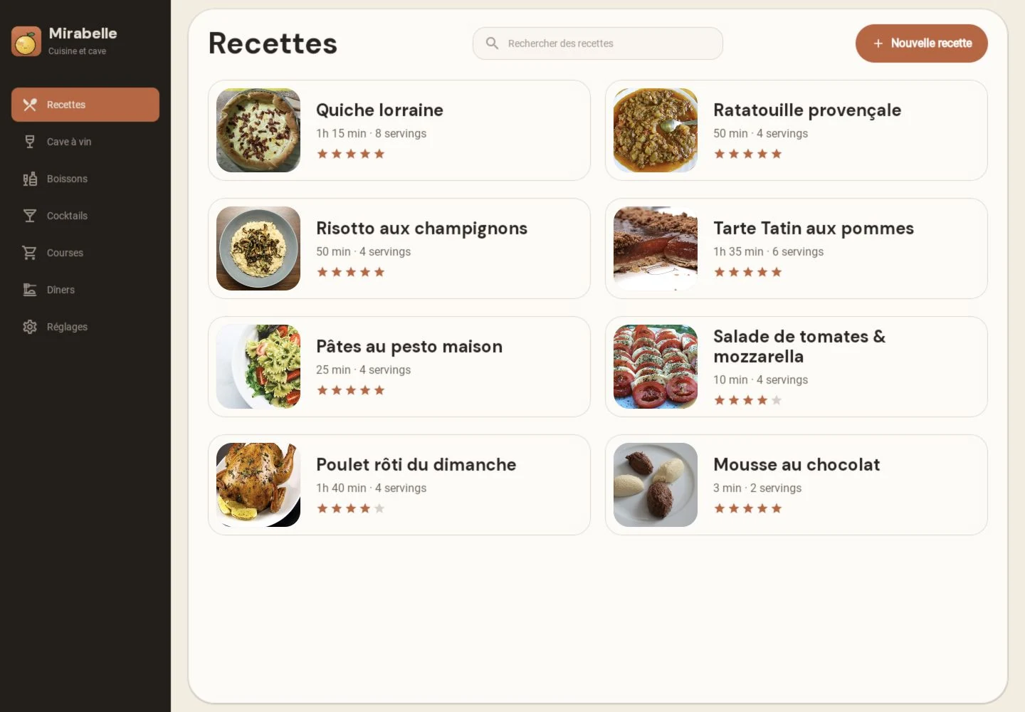 Le carnet de recettes Mirabelle, avec des plats photographiés à préparer.