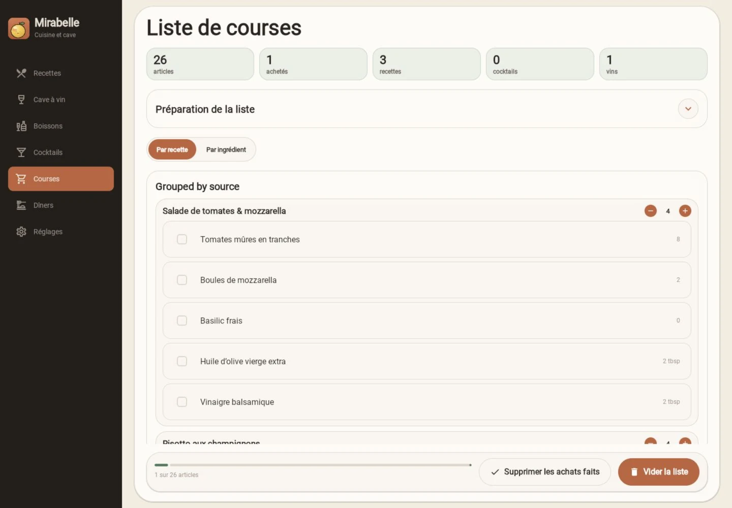 La liste de courses Mirabelle avec des exemples d’ingrédients réunis à partir d’un menu.